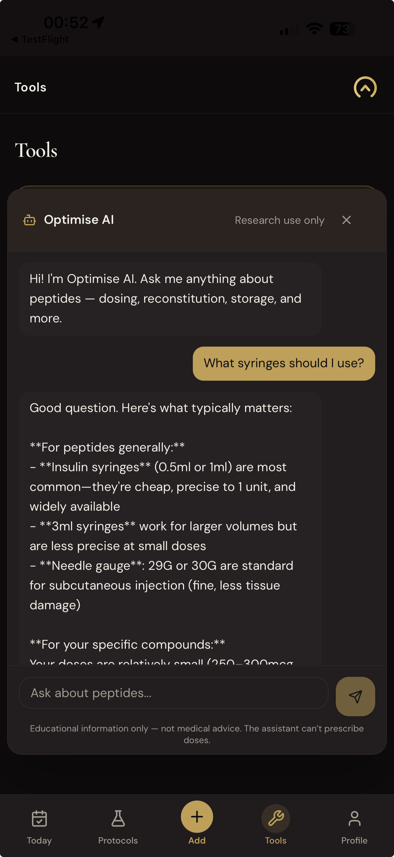 My Body Optimise Optimise AI panel — educational assistant answering a peptide question