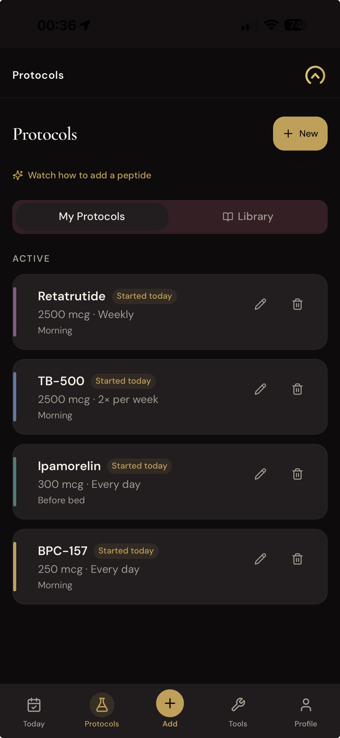My Body Optimise Protocols screen — active protocols with dose, frequency and timing