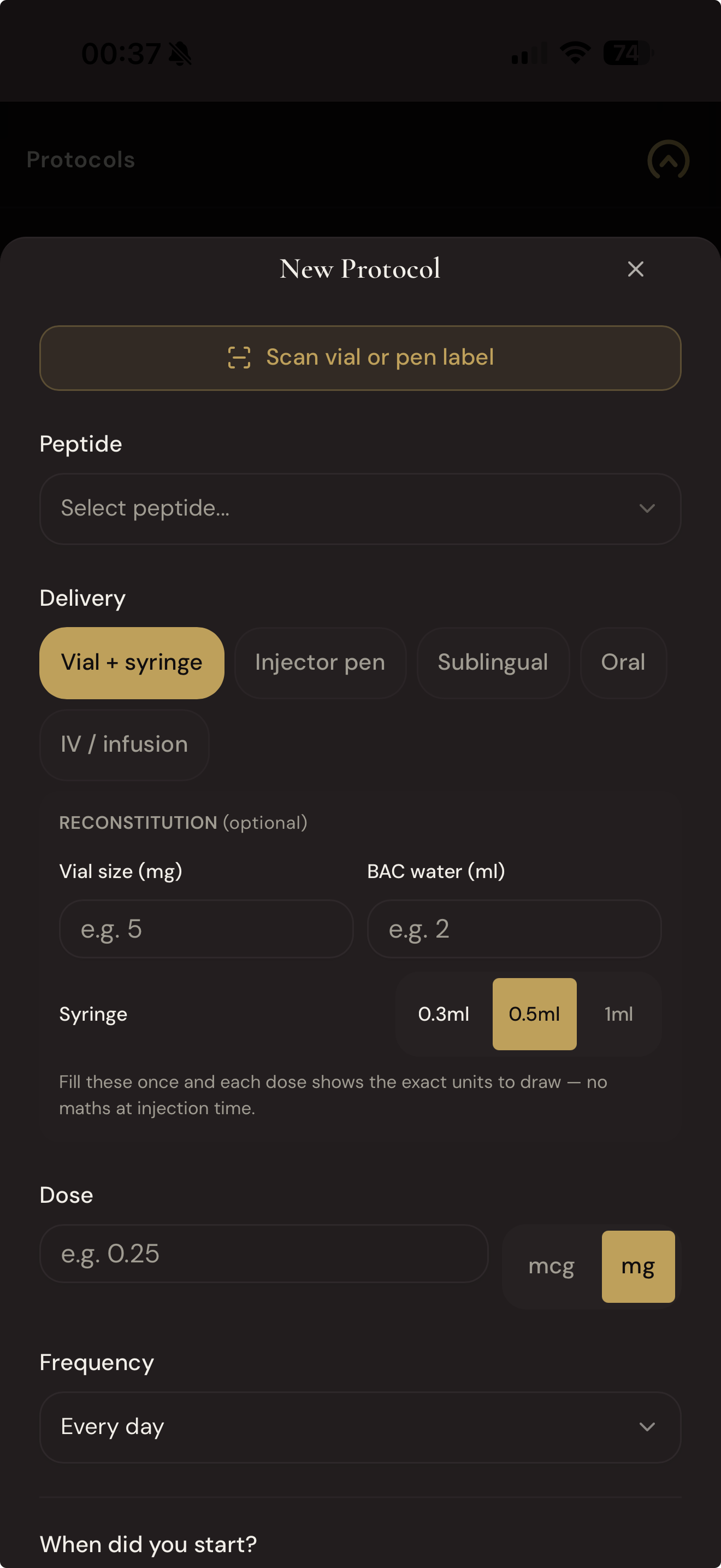 My Body Optimise New Protocol screen with the Scan vial or pen label button