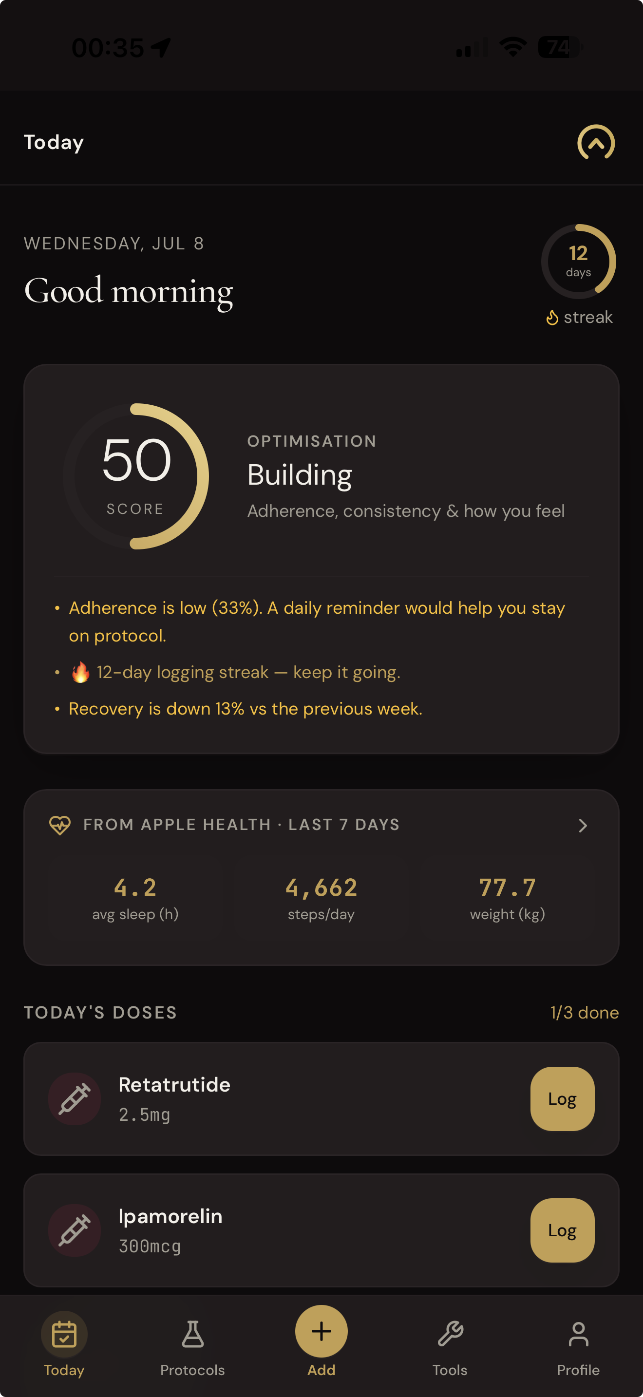 My Body Optimise Today screen — Optimisation Score, streak, Apple Health summary and today's doses