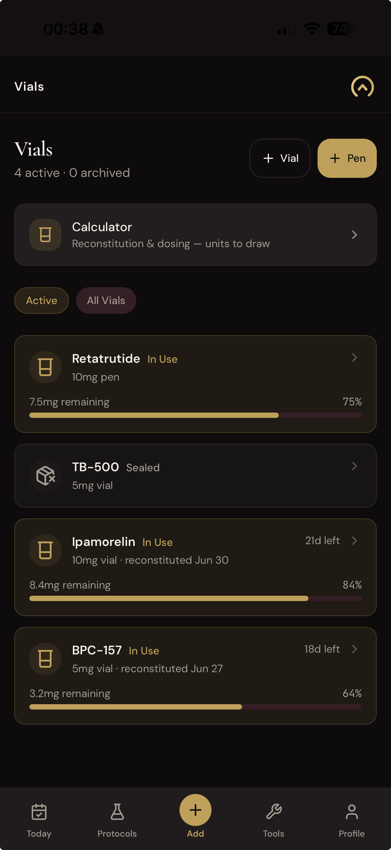 My Body Optimise Vials screen — supply remaining for each vial and pen