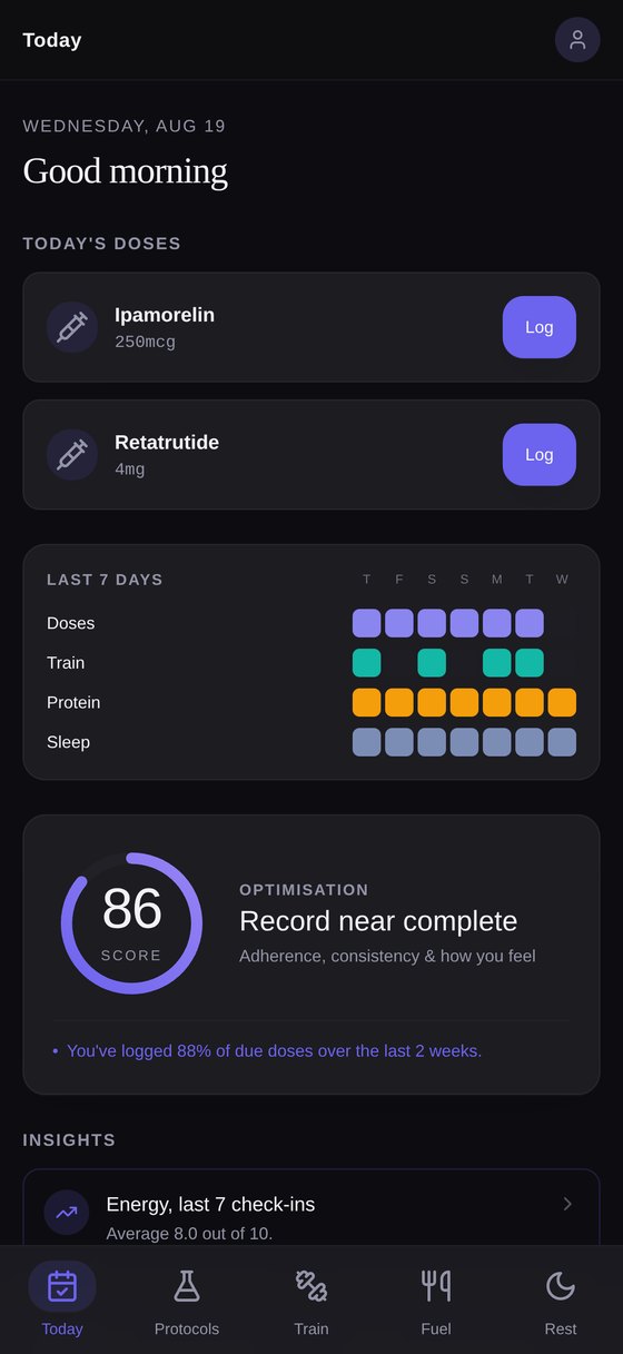 The Today screen showing doses due and a seven-day grid across doses, training, protein and sleep