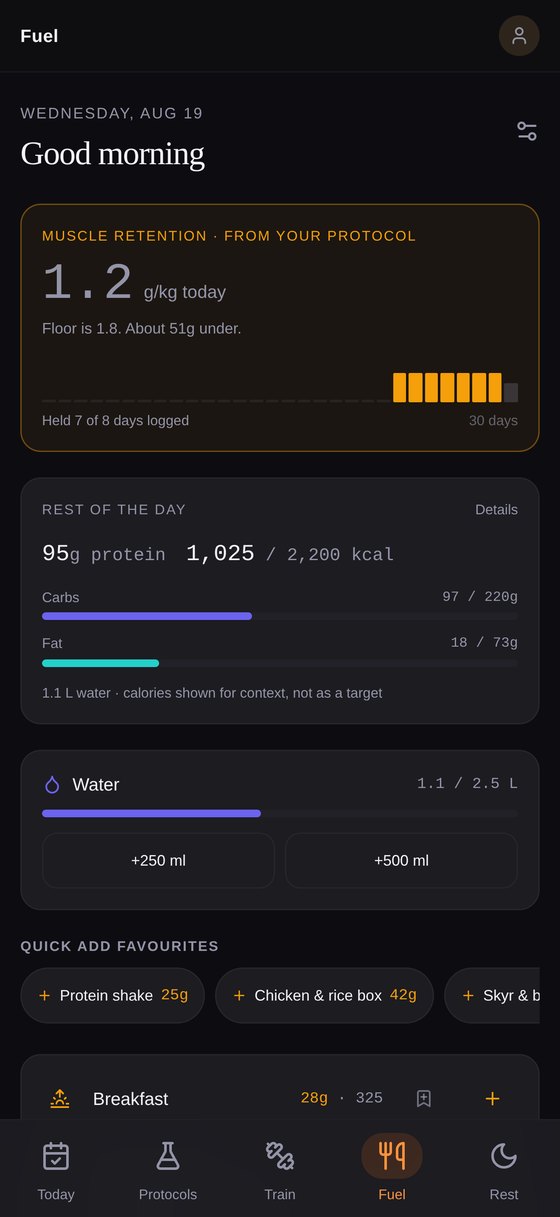 The Fuel screen leading with grams of protein to go