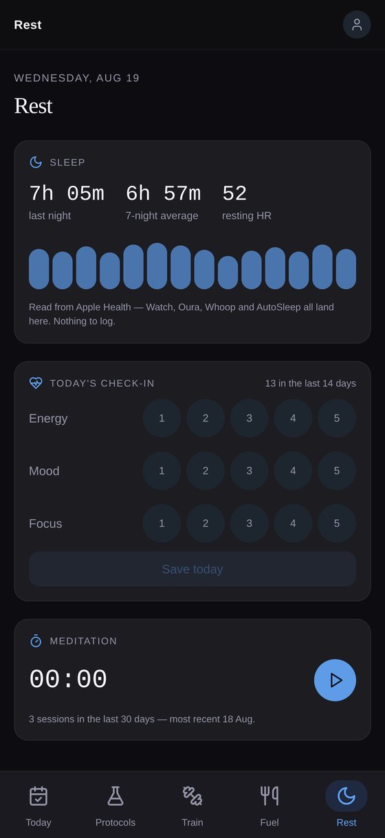 The Rest screen showing sleep, resting heart rate and a daily check-in